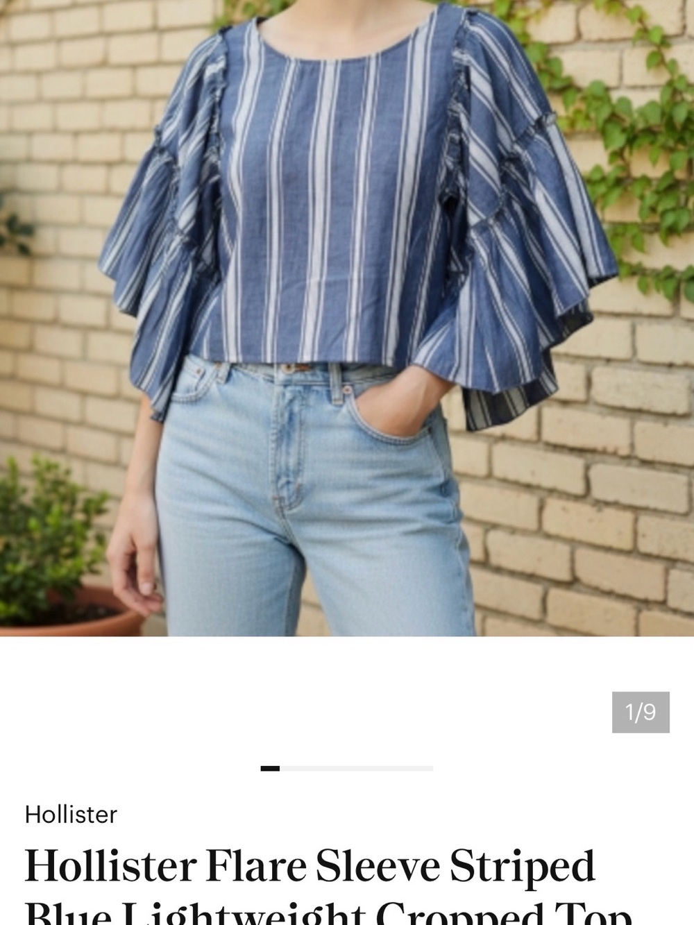 Hollister Blue & White Striped Flare-Sleeve Cropped Top